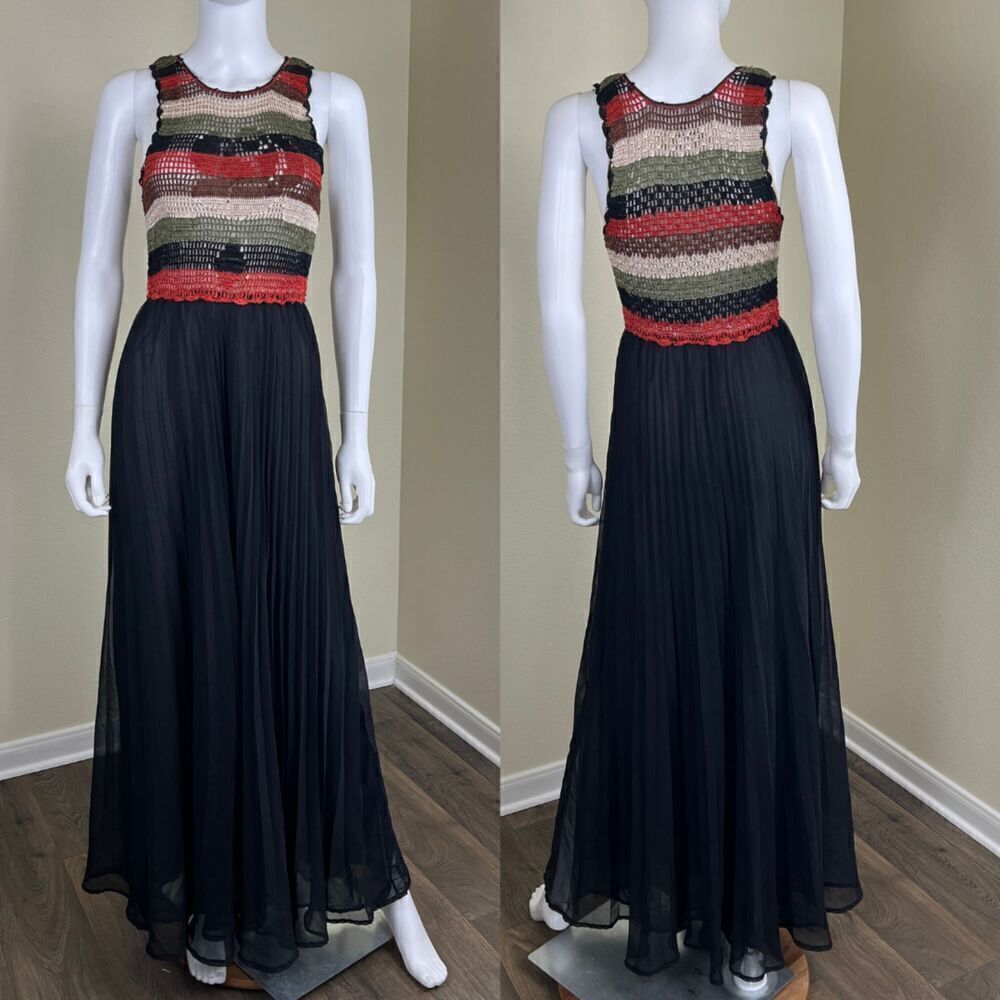 Carolina K Women's Size S Crochet Pleated Maxi Dress Silk Pullover Stripe Boho